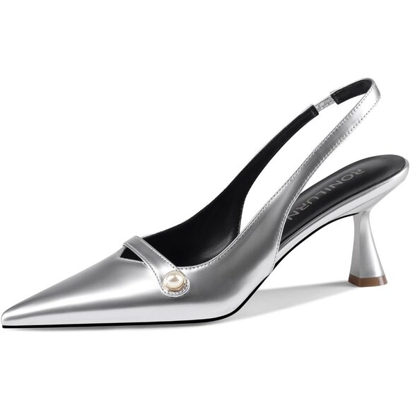 Ronilurn Women Silver Kitten Closed Pointed Toe Slingback Low Pearl Heel Pumps - Picture 1 of 7